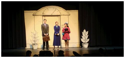 (Image: Finch, Rosemary and Smitty sing in front of the
Elevator Doors)