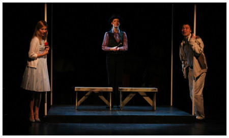 (Image: Luisa and Matt Lean on the Platform Poles,
 while the Mute Represents a Wall)